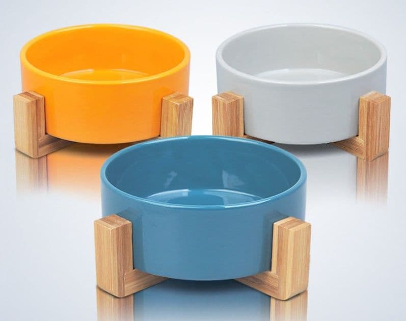 ペット食器 竹製台座付き陶器製ペット食器