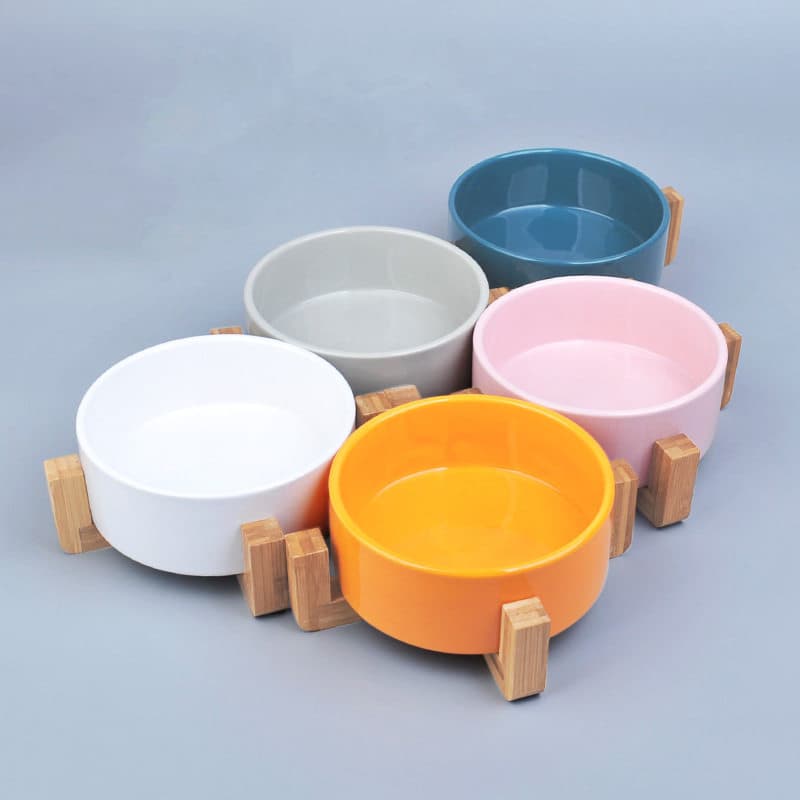 ペット食器 竹製台座付き陶器製ペット食器