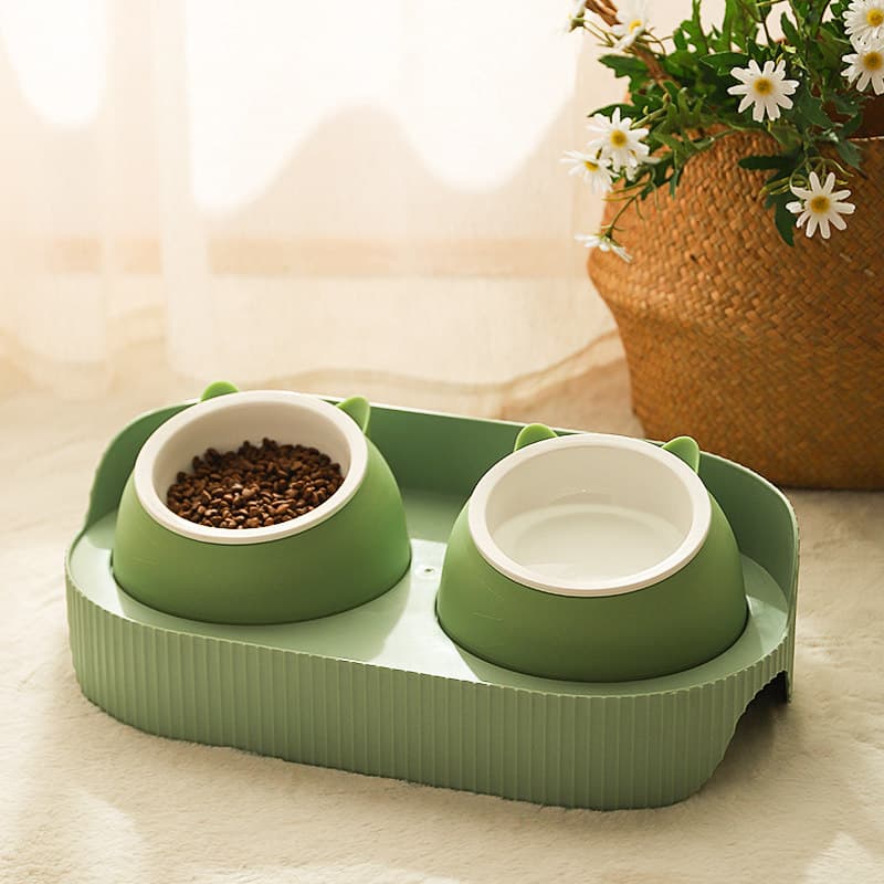 ペット食器 こぼれ防止トレー付き二つ皿ペット食器