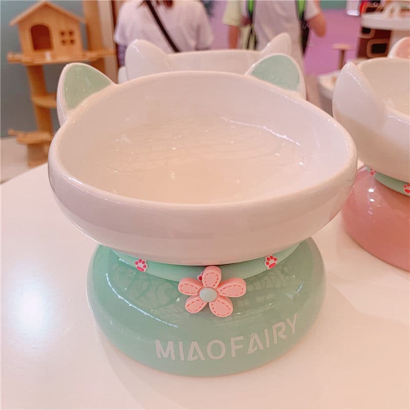 ペット食器 猫耳付き傾斜台座高さ調整ペット食器