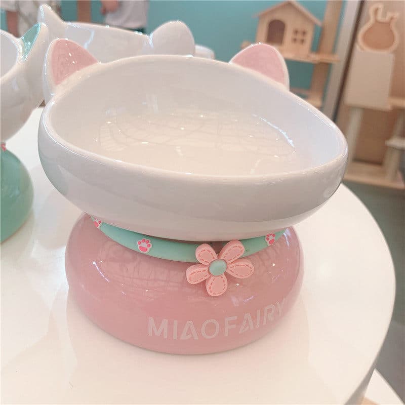 ペット食器 猫耳付き傾斜台座高さ調整ペット食器