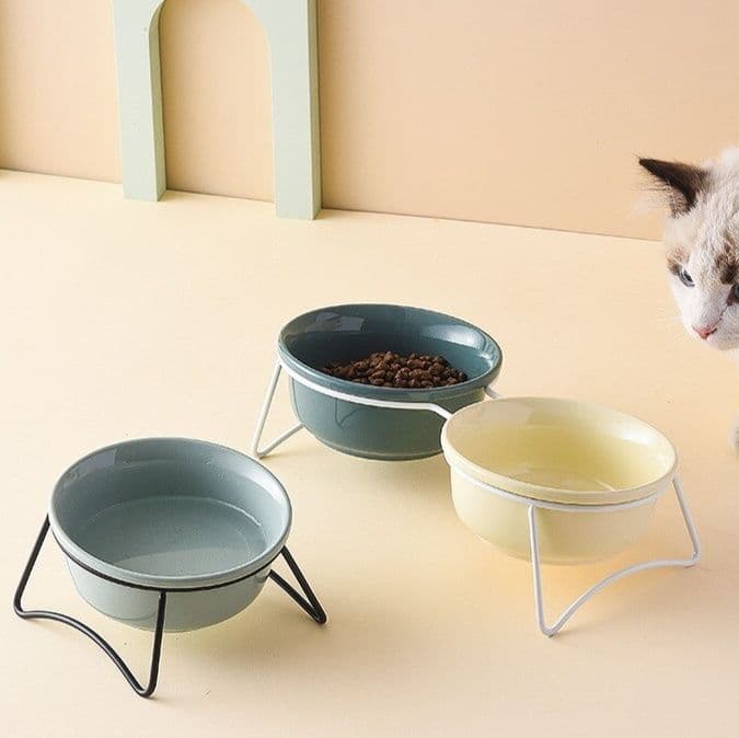 ペット食器 猫用スタンド付き陶器製ダブルフードボウル
