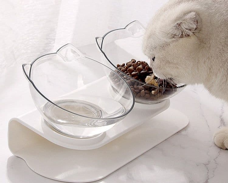 ペット食器 猫耳型傾斜式首楽二段重ね透明食器台