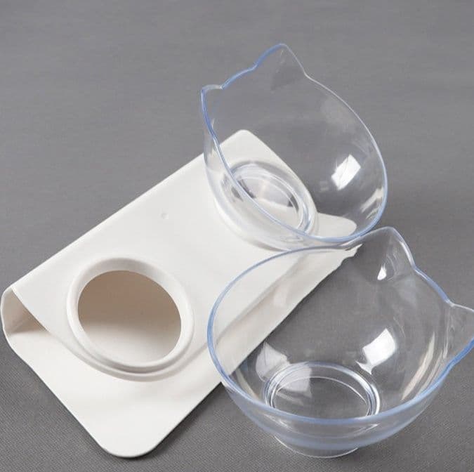 ペット食器 猫耳型傾斜式首楽二段重ね透明食器台