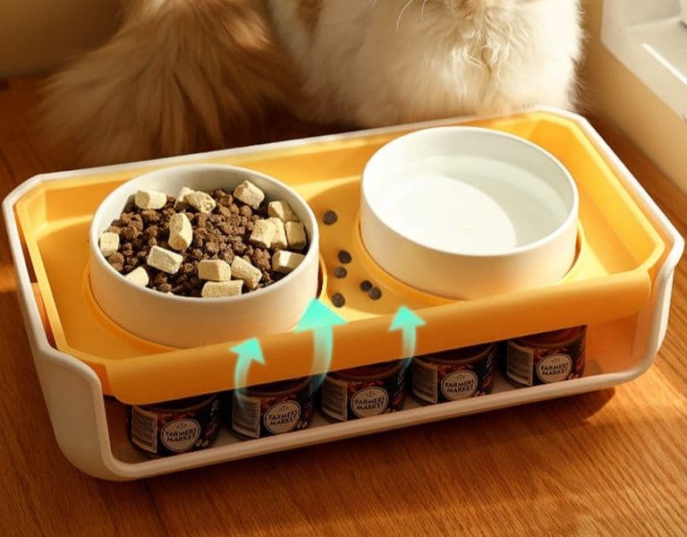 ペット食器 全包囲ガード付き防漏二重構造猫用食器台