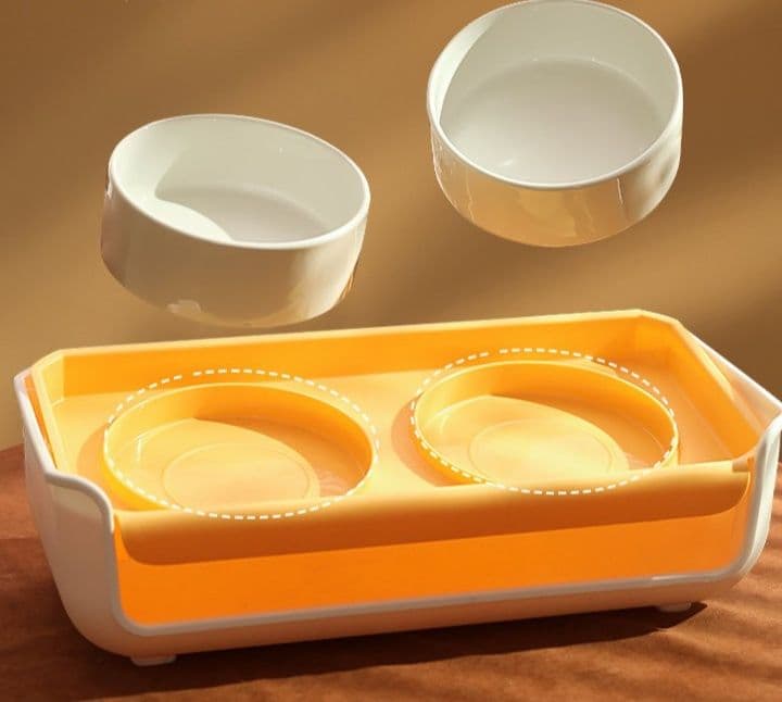 ペット食器 全包囲ガード付き防漏二重構造猫用食器台