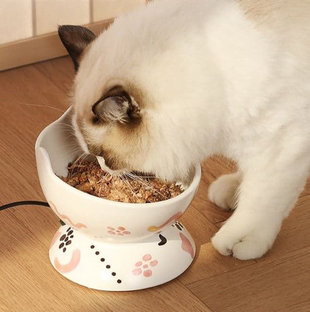 ペット食器 猫用陶器保温加熱食器台付き傾斜型