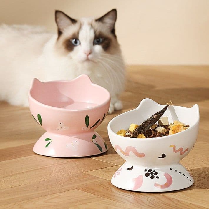 ペット食器 猫用陶器保温加熱食器台付き傾斜型