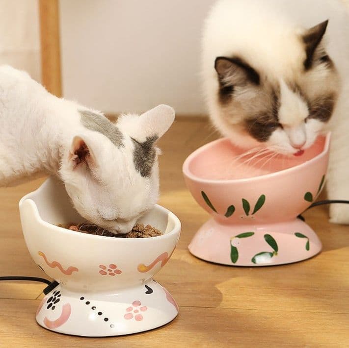 ペット食器 猫用陶器保温加熱食器台付き傾斜型