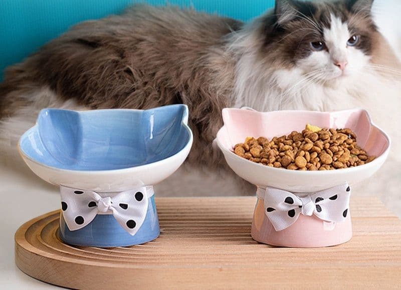 ペット食器 猫耳型高台式陶器首保護ペット食器