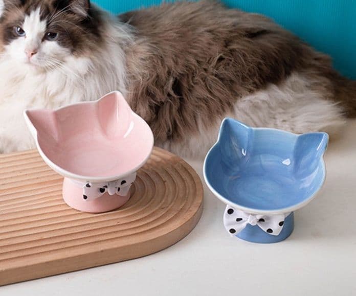 ペット食器 猫耳型高台式陶器首保護ペット食器