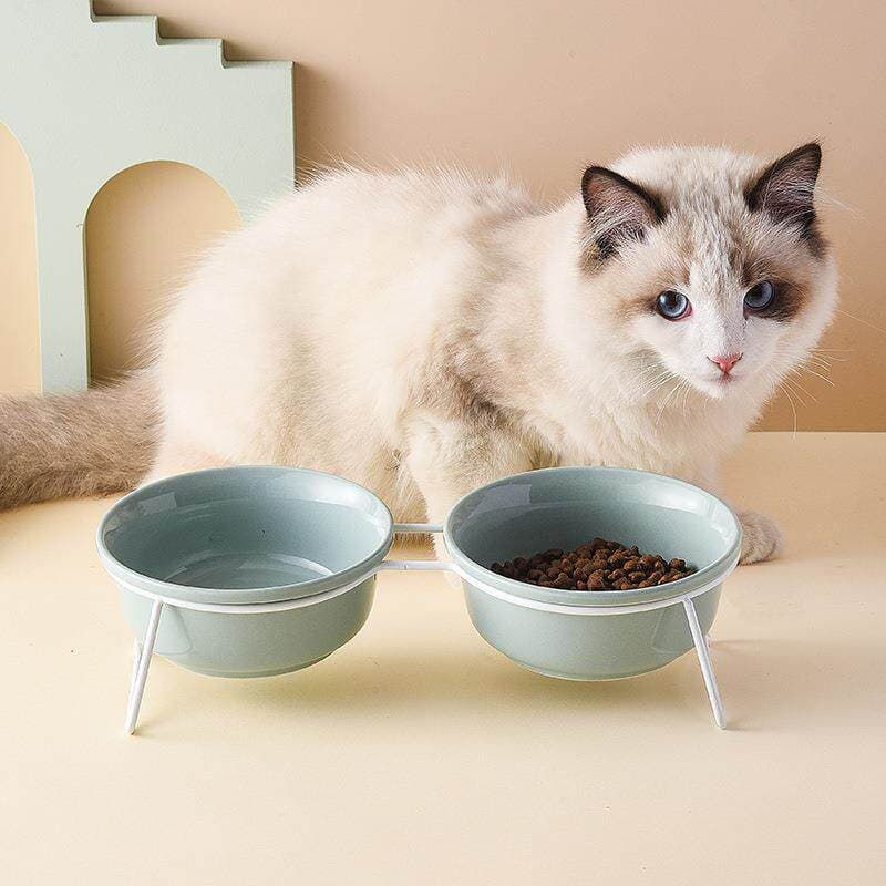 ペット食器 猫用スタンド付き陶器製ダブルフードボウル